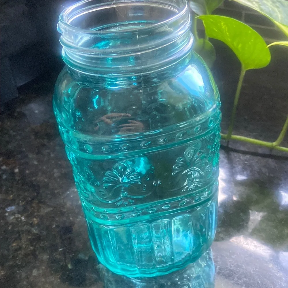 The Pioneer Woman Teal Glass Mason-Style Drinking Jar with Handle